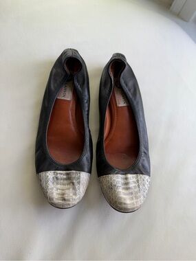 Lanvin Black Leather Ballet Flats with Silver Snakeskin Toe